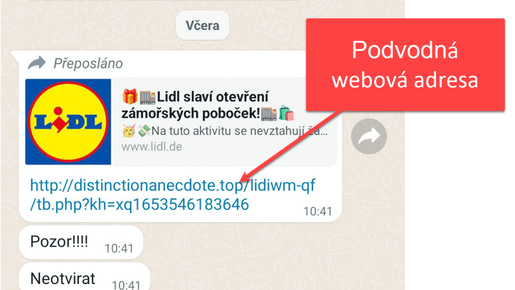 Ukázka zprávy v aplikaci WhatsApp s webovým odkazem, který otevírá podvodnou webovou stránku