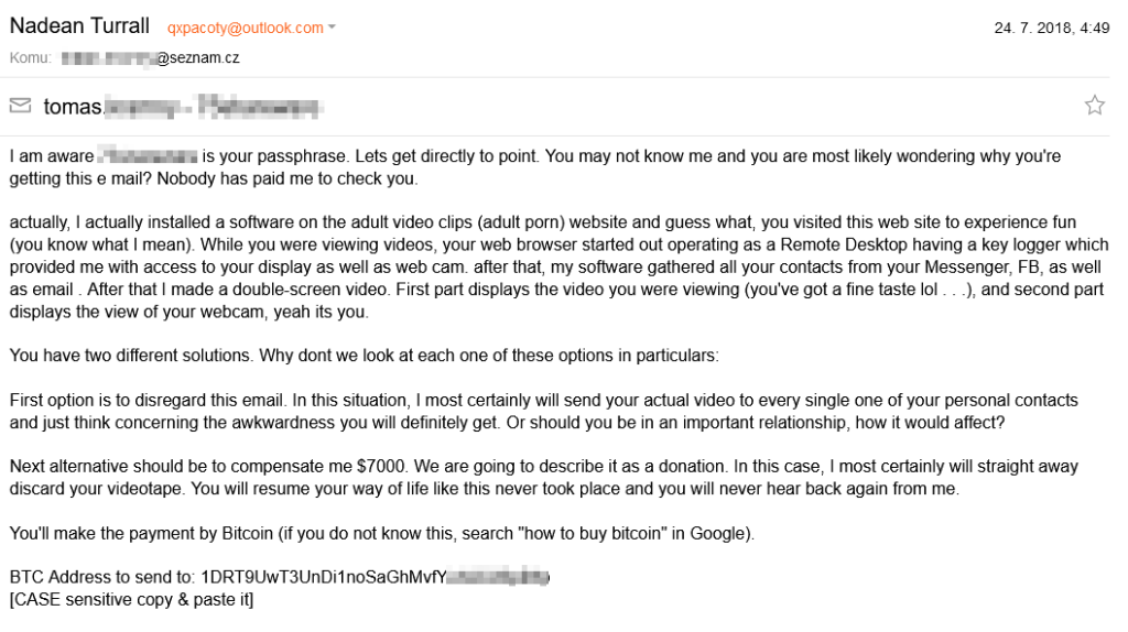 Ukázka vyděračského emailu, kde se vás útočník snaží přesvědčit, že zná vaše heslo