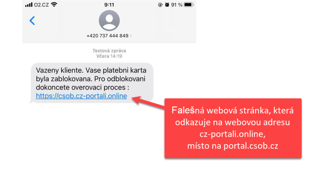 SMS zpráva, která nabádá uživatele, aby kliknut na odkaz pro odblokování své platební karty a vložil do falešného formuláře data z této platební karty.