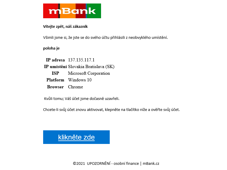 Podvodná emailová výzva k aktivaci zablokovaného bankovnictví