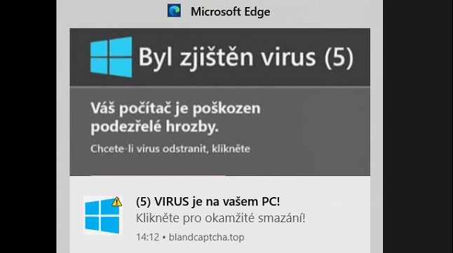 Oznámení v počítači s podvodným obsahem, zaslaný přes webový prohlížeč MS Edge, s cílem vyvolat u oběti paniku.