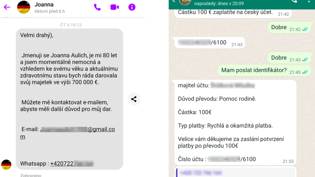 Podvodník se snaží nalákat oběť, aby ho kontaktoval ohledně převodu darů – vlevo První kontakt přes Messenger, vpravo pak pokračování NA WhatsApp s požadavkem převodu 100 EUR ohledně poplatku za převod daru