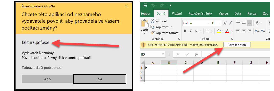Dvě hlášky, které brání okamžitému spuštění škodlivé aplikace po otevření, vlevo ochrana systému Windows (Řízení uživatelských účtů), vpravo ochrana v MS Excel