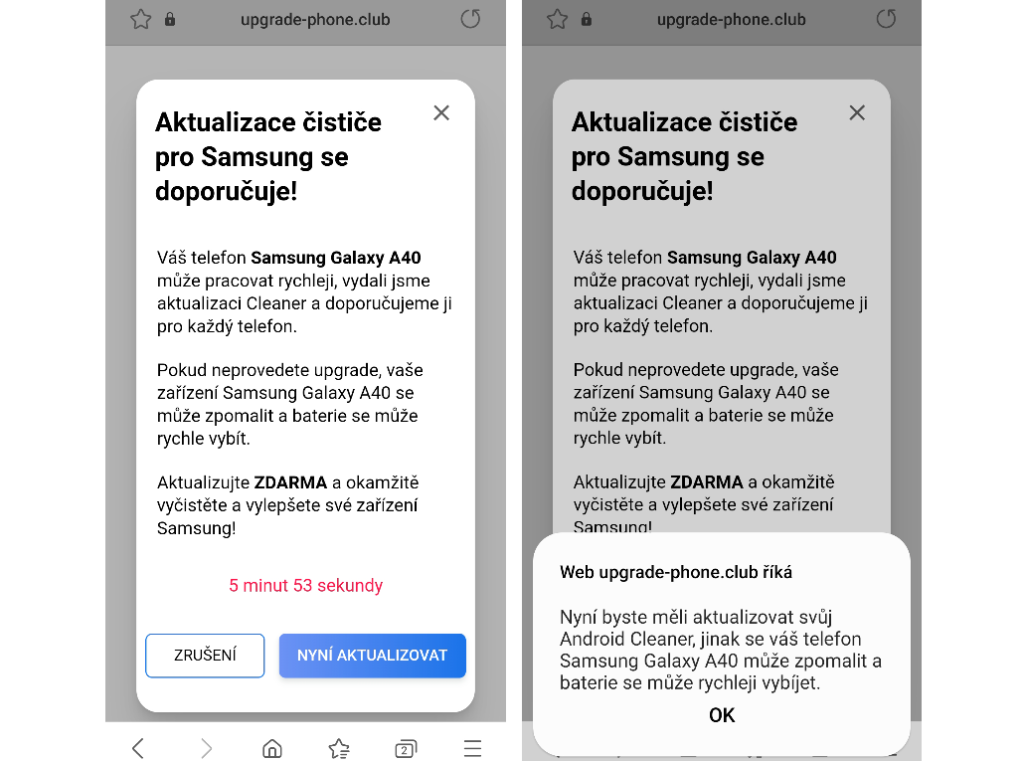 Ukázka jedné z variant podvodných webových stránek, tvářicích se jako doručení k instalaci nějaké aplikace od výrobce vašeho zařízení, v tomto případě Samsungu