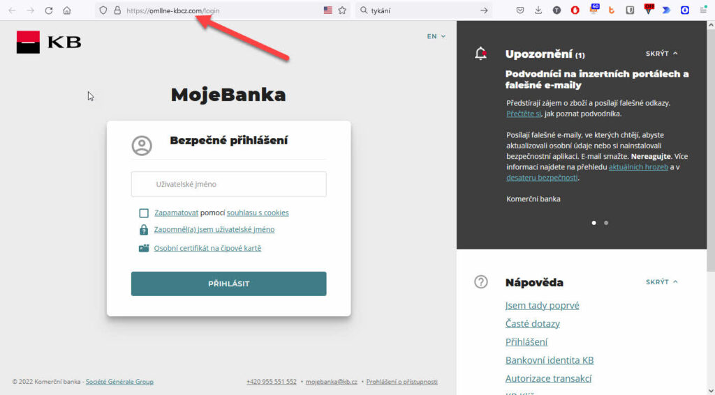 Podvodná webová stránka, vydávající se za přihlašovací obrazovku do internetového bankovnictví Komerční banky